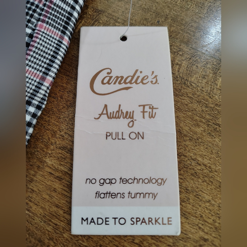 Candie's Audrey Fit Pull On Plaid Slim Stretchy Dressy Pants W/Pink Accent NWT - Picture 10 of 13